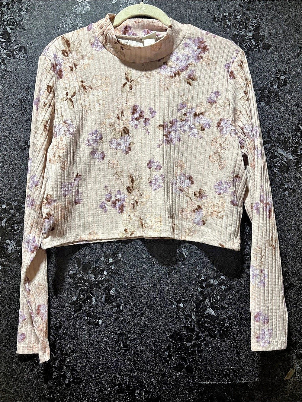 H&M Floral Ribbed Long Sleeve Crop Top Size XL